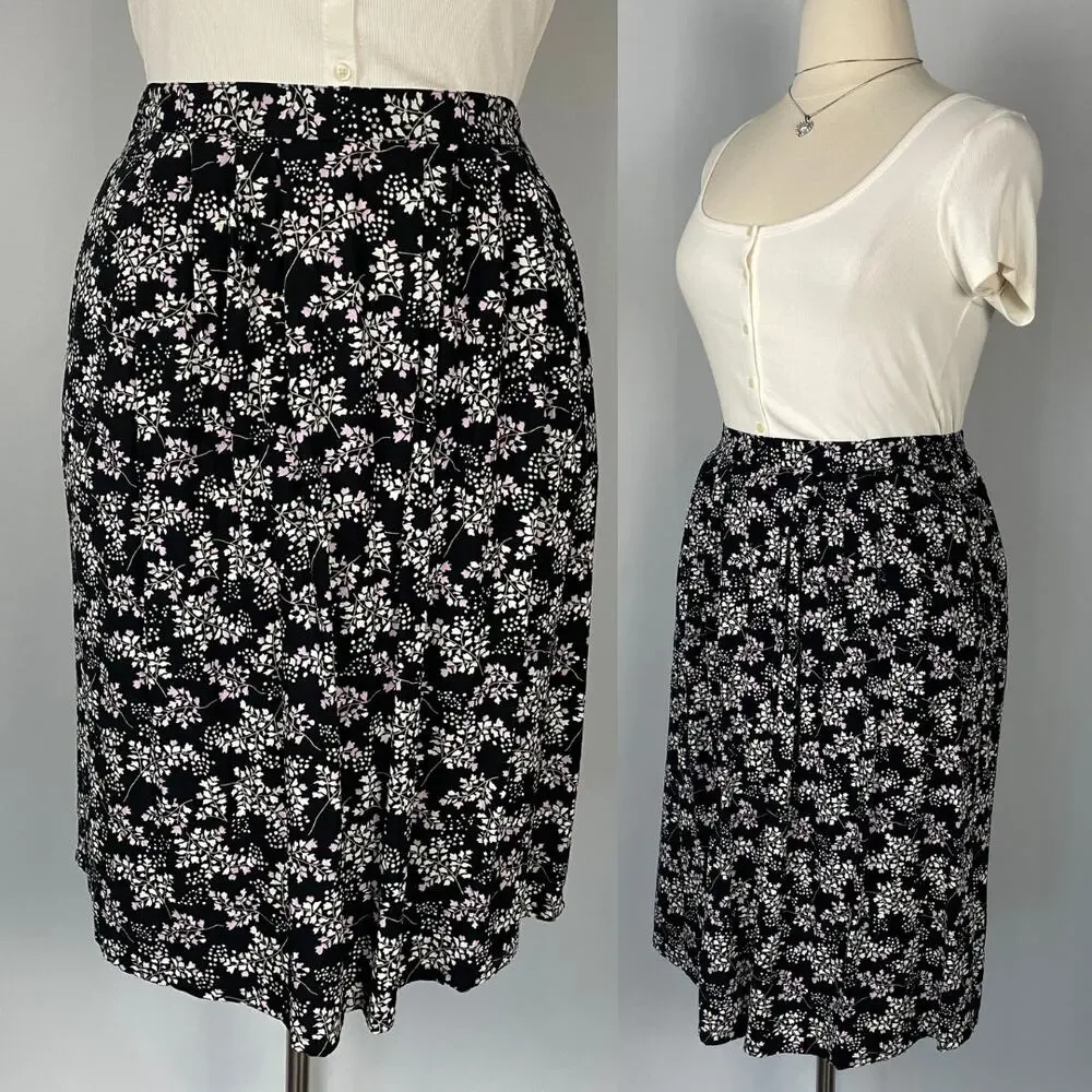 Knee Length Skirt Size Large Petite PL Black White Ditsy Floral A Line Y2K 90s